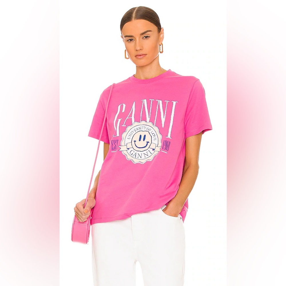 GANNI 💞 University Of Love 💞 Pink Graphic T-Shirt Sz S